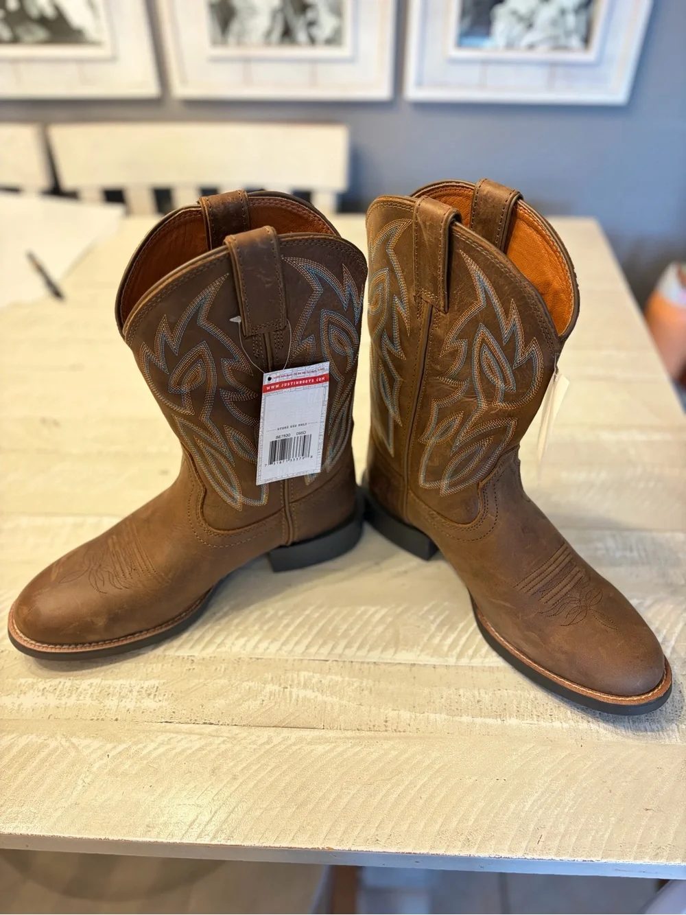 Men’s Justin Boots Brown Leather Western Boots with Blue Stitching